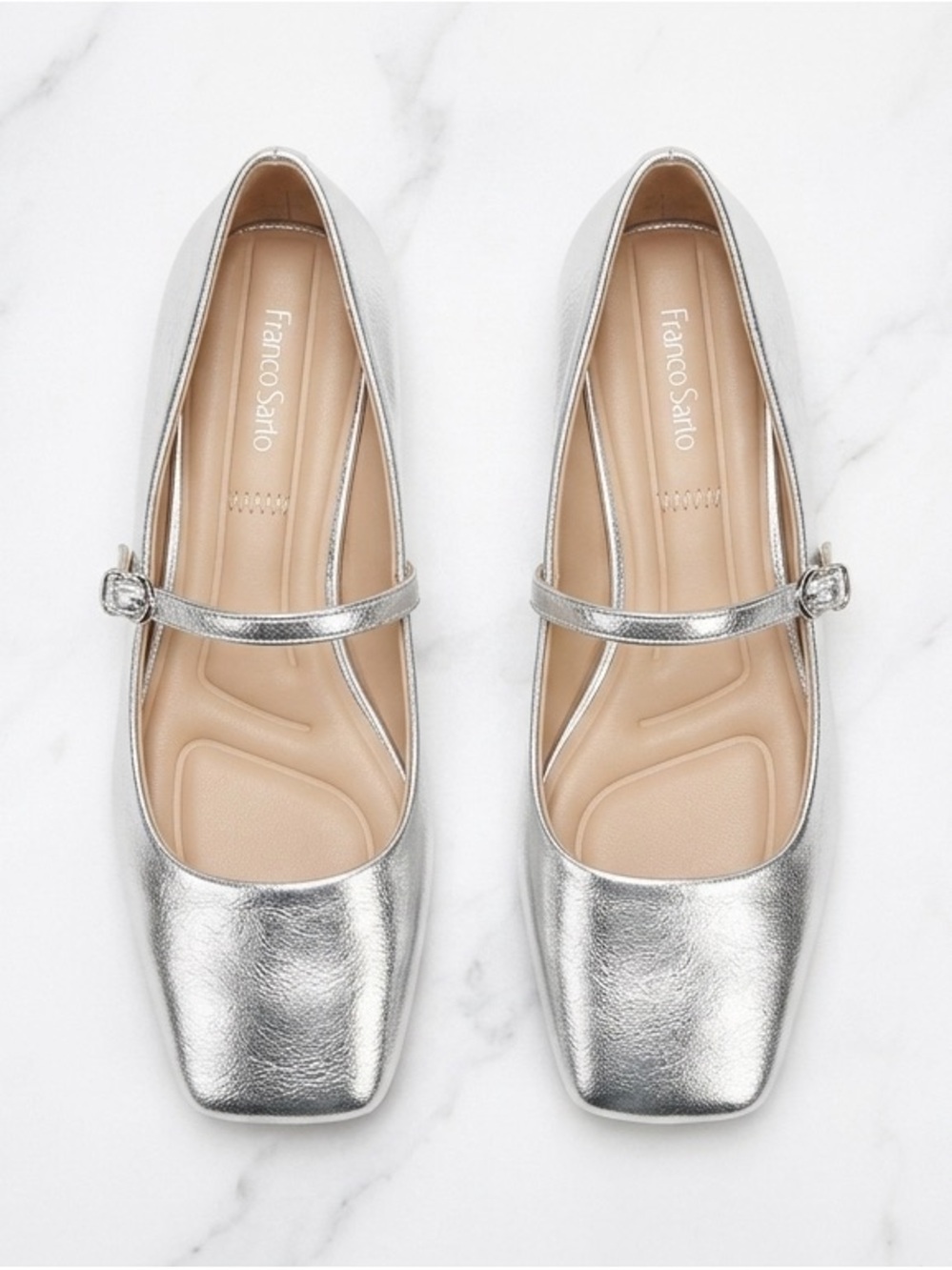 Franco Sarto Tinsley Silver Metallic Mary Jane Flats Square Toe 7W